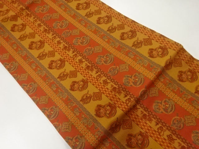 JAPANESE KIMONO / NAGOYA OBI / SILK / WOVEN STRIPE & FLOWERS & BIRDS